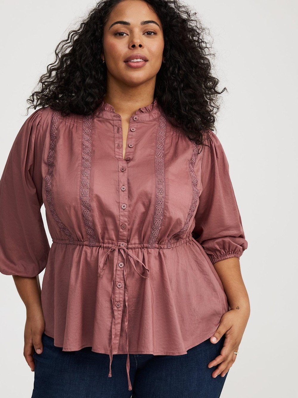 Torrid Plus Rose Mauve Button Up Tie-Front Top 3/4 Puff Sleeve Peasant Blouse